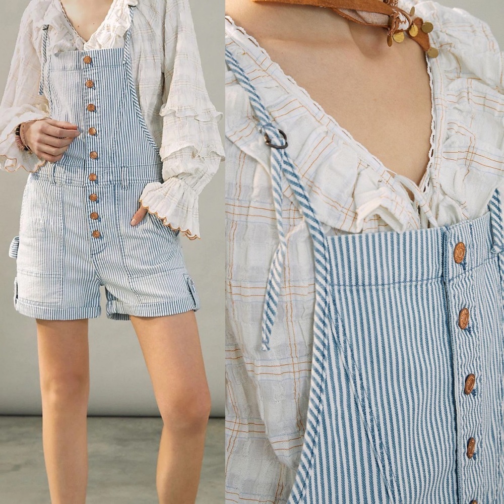 Anthropologie Blue and White Striped Short Overalls Romper